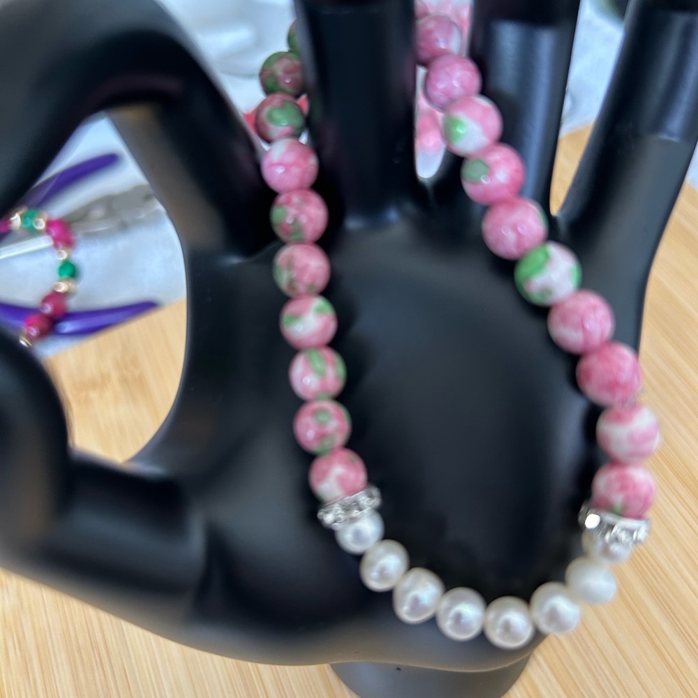 Jewelry Flower Jasper and Pearl Bracelet